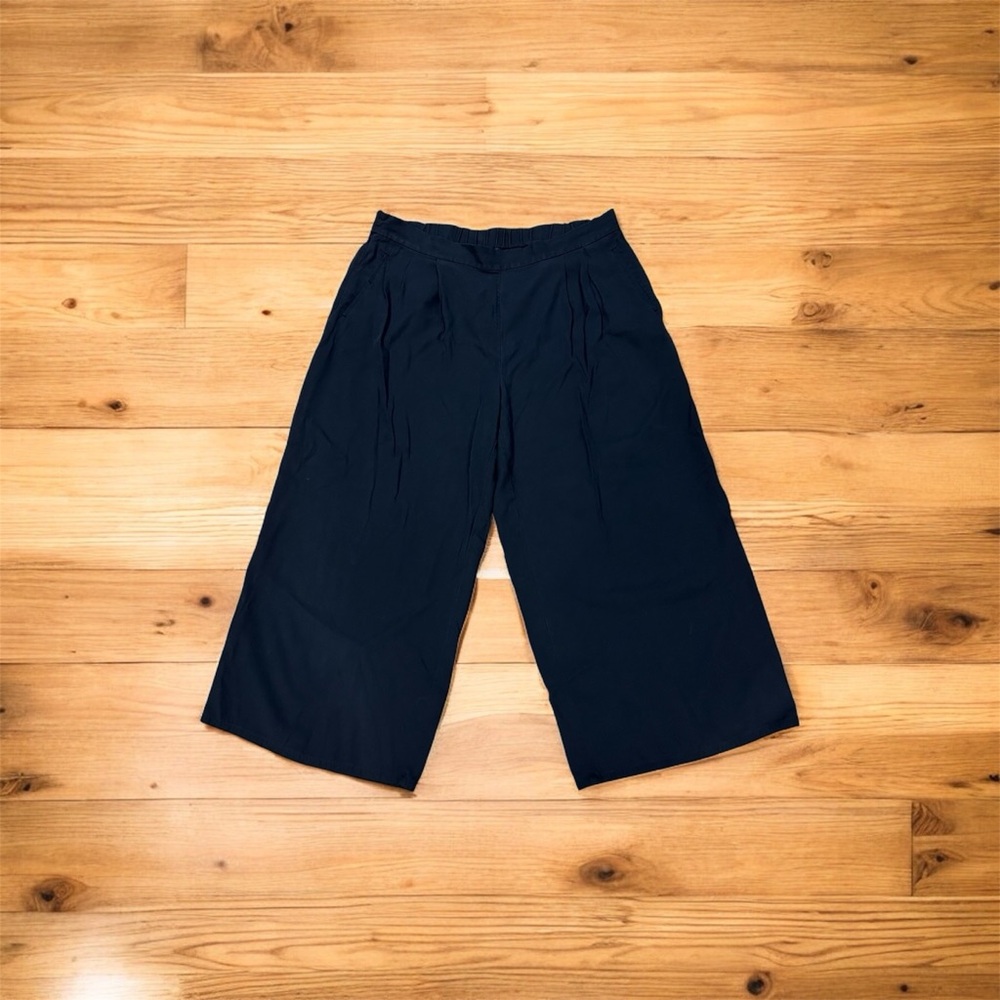 Eileen Fisher Black Tencel Wide Leg Pull On Pants Size Large Black Elastic Waist